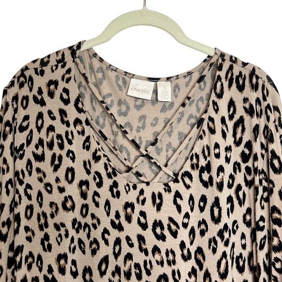 Chicos Womens Knit Top Size 3 (XL) Leopard Print Long Sleeve Crisscross V-Neck - Picture 2 of 5